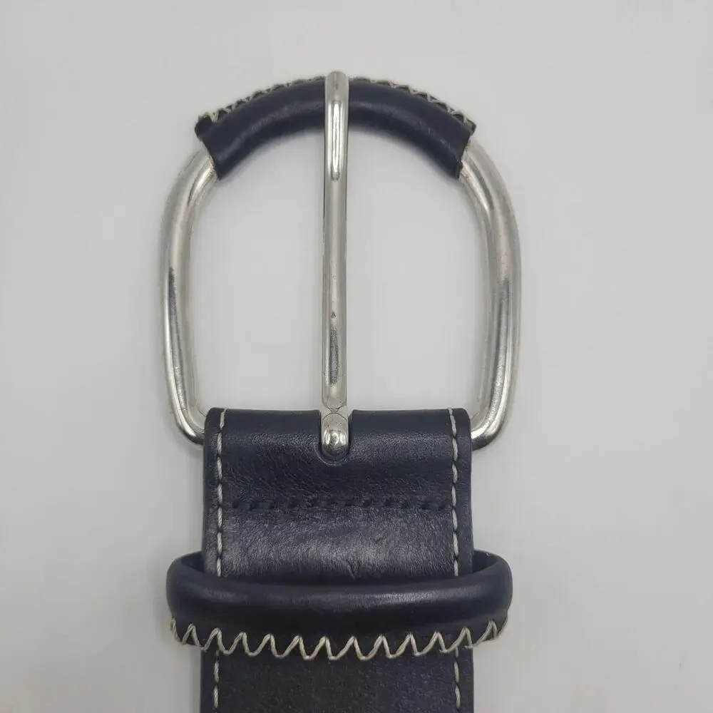 Talbots Belt Medium Black Leather Contrast Stitch Silver Buckle Boho Equestrian
